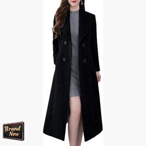 Wool Blend Pea Coat Double Breasted Shawl Lapel Mid-Calf Winter Coat